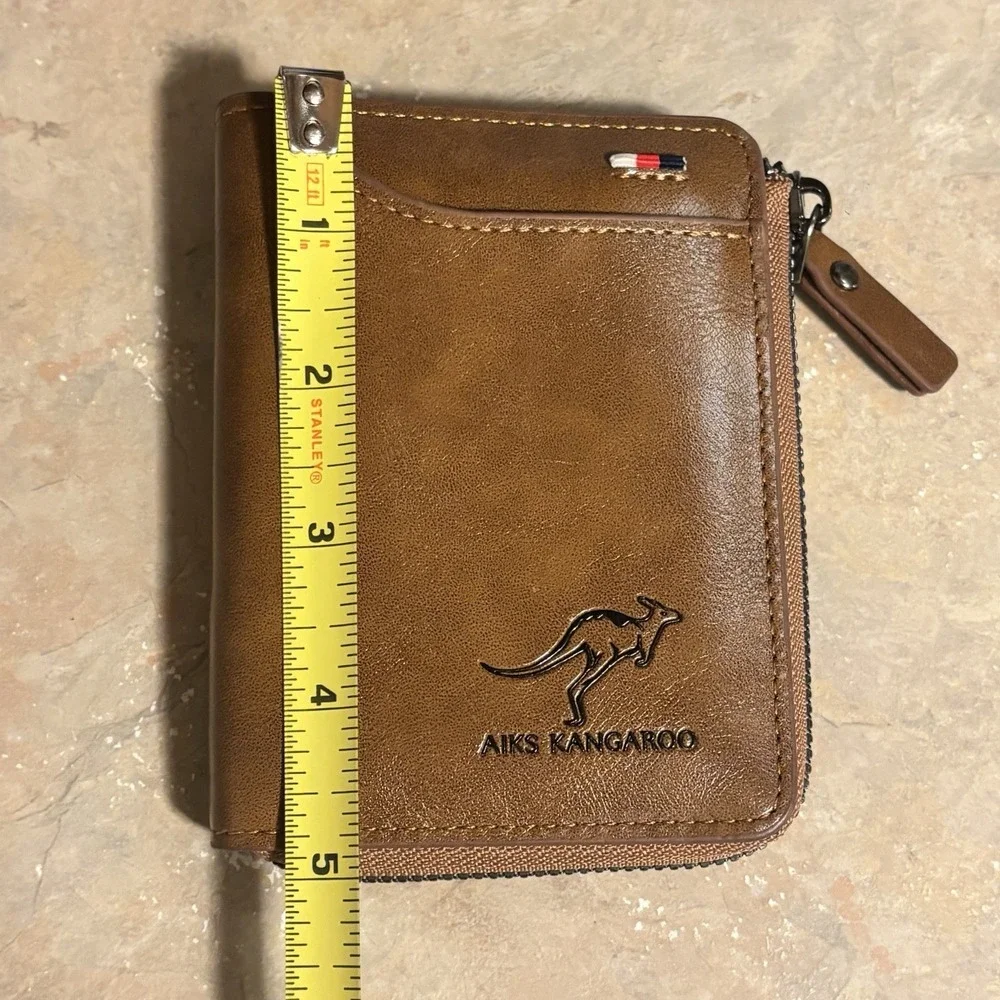 AIKS Kangaroo Mens Bi-Fold Faux Leather RFID Blocking Camel Tan Wallet Zips Up